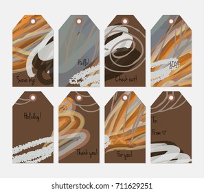 Hand drawn creative tags. Universal shopping, sales, advertising, price tags and product label templates isolated. Abstract artistic doodles. Roughly drawn bright trendy textures. Vector isolated