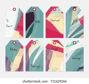 Hand drawn creative tags. Universal shopping, sales, advertising, price tags and product label templates isolated. Abstract artistic doodles. Roughly drawn bright trendy textures. Vector isolated