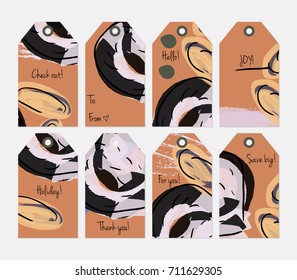Hand drawn creative tags. Universal shopping, sales, advertising, price tags and product label templates isolated. Abstract artistic doodles. Roughly drawn bright trendy textures. Vector isolated