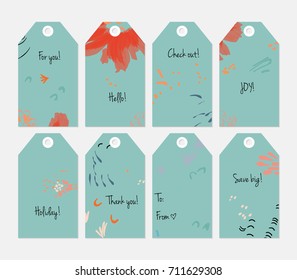 Hand drawn creative tags. Universal shopping, sales, advertising, price tags and product label templates isolated. Abstract artistic doodles. Roughly drawn bright trendy textures. Vector isolated