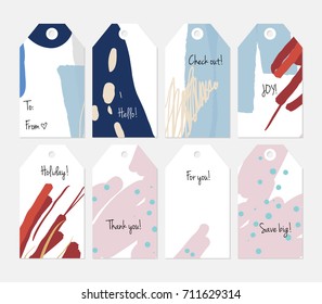 Hand drawn creative tags. Universal shopping, sales, advertising, price tags and product label templates isolated. Abstract artistic doodles. Roughly drawn bright trendy textures. Vector isolated