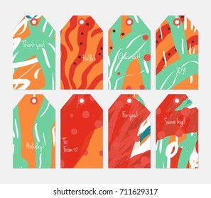 Hand drawn creative tags. Universal shopping, sales, advertising, price tags and product label templates isolated. Abstract artistic doodles. Roughly drawn bright trendy textures. Vector isolated