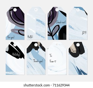 Hand drawn creative tags. Universal shopping, sales, advertising, price tags and product label templates isolated. Abstract artistic doodles. Roughly drawn bright trendy textures. Vector isolated