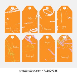 Hand drawn creative tags. Universal shopping, sales, advertising, price tags and product label templates isolated. Abstract artistic doodles. Roughly drawn bright trendy textures. Vector isolated