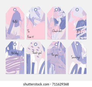 Hand drawn creative tags. Universal shopping, sales, advertising, price tags and product label templates isolated. Abstract artistic doodles. Roughly drawn bright trendy textures. Vector isolated