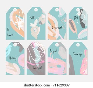 Hand drawn creative tags. Universal shopping, sales, advertising, price tags and product label templates isolated. Abstract artistic doodles. Roughly drawn bright trendy textures. Vector isolated