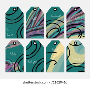 Hand drawn creative tags. Universal shopping, sales, advertising, price tags and product label templates isolated. Abstract artistic doodles. Roughly drawn bright trendy textures. Vector isolated