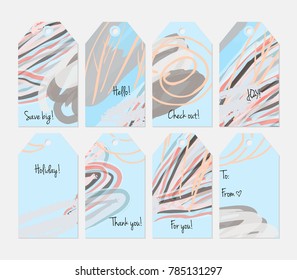 Hand drawn creative tags. Universal shopping, sales, advertising, price tags and product label templates isolated. Abstract artistic doodles. Roughly drawn bright trendy textures. Vector isolated