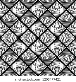 Hand drawn creative tile seamless pattern with aztec tribal theme in black and white. Vector illustration ready for print and wrapping.