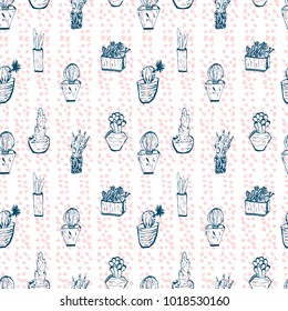 Hand drawn creative trendy graphic vector Succulent Cactus plant Seamless pattern. Artistic nature print backdrop for textile, wallpaper, wedding invitation, web design, greeting card, banner, poster