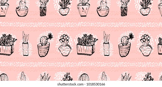 Hand drawn creative trendy graphic vector Succulent Cactus plant Seamless pattern. Artistic nature print backdrop for textile, wallpaper, wedding invitation, web design, greeting card, banner, poster