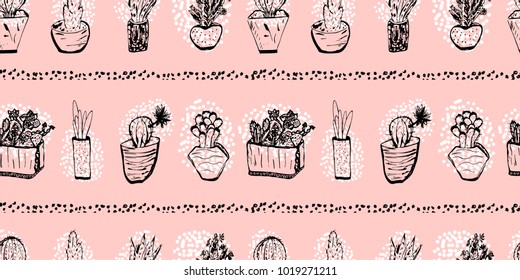 Hand drawn creative trendy graphic vector Succulent Cactus plant Seamless pattern. Artistic nature print backdrop for textile, wallpaper, wedding invitation, web design, greeting card, banner, poster