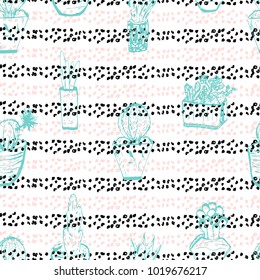 Hand drawn creative trendy graphic vector Succulent Cactus plant Seamless pattern. Artistic nature print backdrop for textile, wallpaper, wedding invitation, web design, greeting card, banner, poster