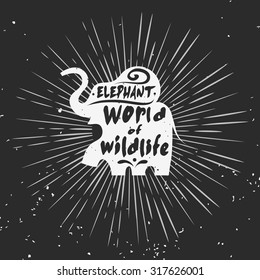 Hand drawn creative typographic poster with elephant. World of wildlife. Starburst with ray. Grunge texture. T-shirt design, label, decor elements, greeting and postal cards. Vector illustration