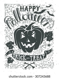 Hand drawn creative typography Happy Halloween poster or card. Typographical Background With Pumpkin. Vector illustration.