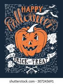 Hand drawn creative typography Happy Halloween poster or card. Typographical Background With Pumpkin. Vector illustration.