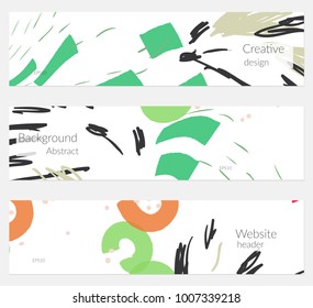 Hand drawn creative universal banner set. Abstract scribbles doodles bright colors. Website header social media advertisement sale brochure templates. Isolated vector banner templates.