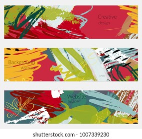 Hand drawn creative universal banner set. Abstract scribbles doodles bright colors. Website header social media advertisement sale brochure templates. Isolated vector banner templates.