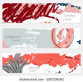 Hand drawn creative universal banner set. Abstract scribbles doodles bright colors. Website header social media advertisement sale brochure templates. Isolated vector banner templates.