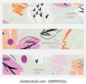 Hand drawn creative universal banner set. Abstract scribbles doodles bright colors. Website header social media advertisement sale brochure templates. Isolated vector banner templates.