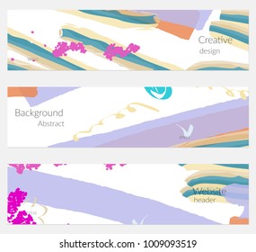 Hand drawn creative universal banner set. Abstract scribbles doodles bright colors. Website header social media advertisement sale brochure templates. Isolated vector banner templates.