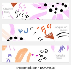 Hand drawn creative universal banner set. Abstract scribbles doodles bright colors. Website header social media advertisement sale brochure templates. Isolated vector banner templates.