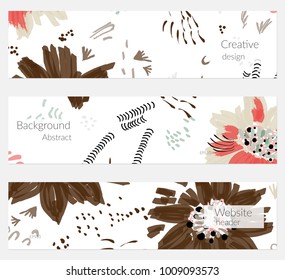 Hand drawn creative universal banner set. Abstract scribbles doodles bright colors. Website header social media advertisement sale brochure templates. Isolated vector banner templates.