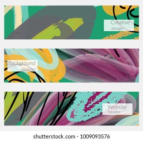 Hand drawn creative universal banner set. Abstract scribbles doodles bright colors. Website header social media advertisement sale brochure templates. Isolated vector banner templates.