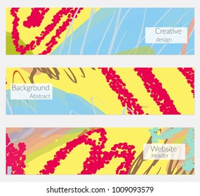 Hand drawn creative universal banner set. Abstract scribbles doodles bright colors. Website header social media advertisement sale brochure templates. Isolated vector banner templates.