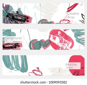 Hand drawn creative universal banner set. Abstract scribbles doodles bright colors. Website header social media advertisement sale brochure templates. Isolated vector banner templates.