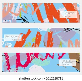 Hand drawn creative universal banner set. Abstract scribbles doodles bright colors. Website header social media advertisement sale brochure templates. Isolated vector banner templates.