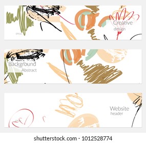 Hand drawn creative universal banner set. Abstract scribbles doodles bright colors. Website header social media advertisement sale brochure templates. Isolated vector banner templates.