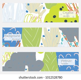 Hand drawn creative universal banner set. Abstract scribbles doodles bright colors. Website header social media advertisement sale brochure templates. Isolated vector banner templates.