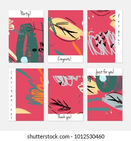 Hand drawn creative universal banner set. Abstract scribbles doodles bright colors. Website header social media advertisement sale brochure templates. Isolated vector banner templates.