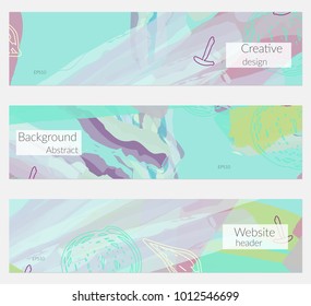 Hand drawn creative universal banner set. Abstract scribbles doodles bright colors. Website header social media advertisement sale brochure templates. Isolated vector banner templates.
