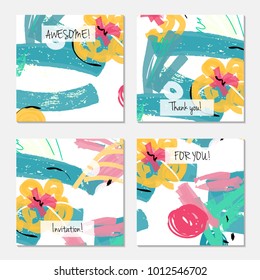 Hand drawn creative universal banner set. Abstract scribbles doodles bright colors. Website header social media advertisement sale brochure templates. Isolated vector banner templates.