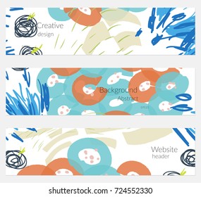 Hand drawn creative universal banner set. Abstract scribbles doodles bright colors. Website header social media advertisement sale brochure templates. Isolated vector banner templates.