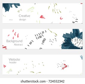 Hand drawn creative universal banner set. Abstract scribbles doodles bright colors. Website header social media advertisement sale brochure templates. Isolated vector banner templates.
