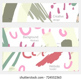 Hand drawn creative universal banner set. Abstract scribbles doodles bright colors. Website header social media advertisement sale brochure templates. Isolated vector banner templates.