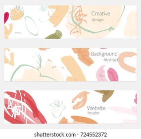 Hand drawn creative universal banner set. Abstract scribbles doodles bright colors. Website header social media advertisement sale brochure templates. Isolated vector banner templates.