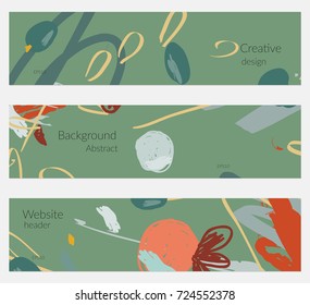 Hand drawn creative universal banner set. Abstract scribbles doodles bright colors. Website header social media advertisement sale brochure templates. Isolated vector banner templates.