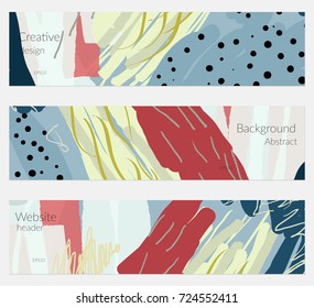 Hand drawn creative universal banner set. Abstract scribbles doodles bright colors. Website header social media advertisement sale brochure templates. Isolated vector banner templates.