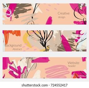 Hand drawn creative universal banner set. Abstract scribbles doodles bright colors. Website header social media advertisement sale brochure templates. Isolated vector banner templates.