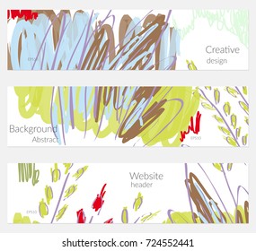 Hand drawn creative universal banner set. Abstract scribbles doodles bright colors. Website header social media advertisement sale brochure templates. Isolated vector banner templates.