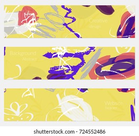 Hand drawn creative universal banner set. Abstract scribbles doodles bright colors. Website header social media advertisement sale brochure templates. Isolated vector banner templates.