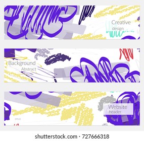 Hand drawn creative universal banner set. Abstract scribbles doodles bright colors. Website header social media advertisement sale brochure templates. Isolated vector banner templates.