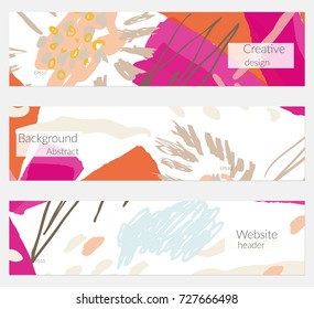 Hand drawn creative universal banner set. Abstract scribbles doodles bright colors. Website header social media advertisement sale brochure templates. Isolated vector banner templates.