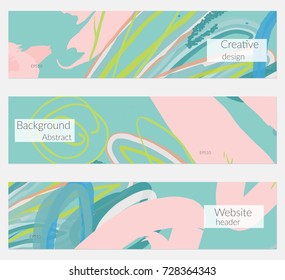 Hand drawn creative universal banner set. Abstract scribbles doodles bright colors. Website header social media advertisement sale brochure templates. Isolated vector banner templates.