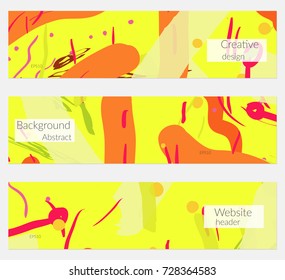 Hand drawn creative universal banner set. Abstract scribbles doodles bright colors. Website header social media advertisement sale brochure templates. Isolated vector banner templates.