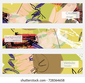 Hand drawn creative universal banner set. Abstract scribbles doodles bright colors. Website header social media advertisement sale brochure templates. Isolated vector banner templates.